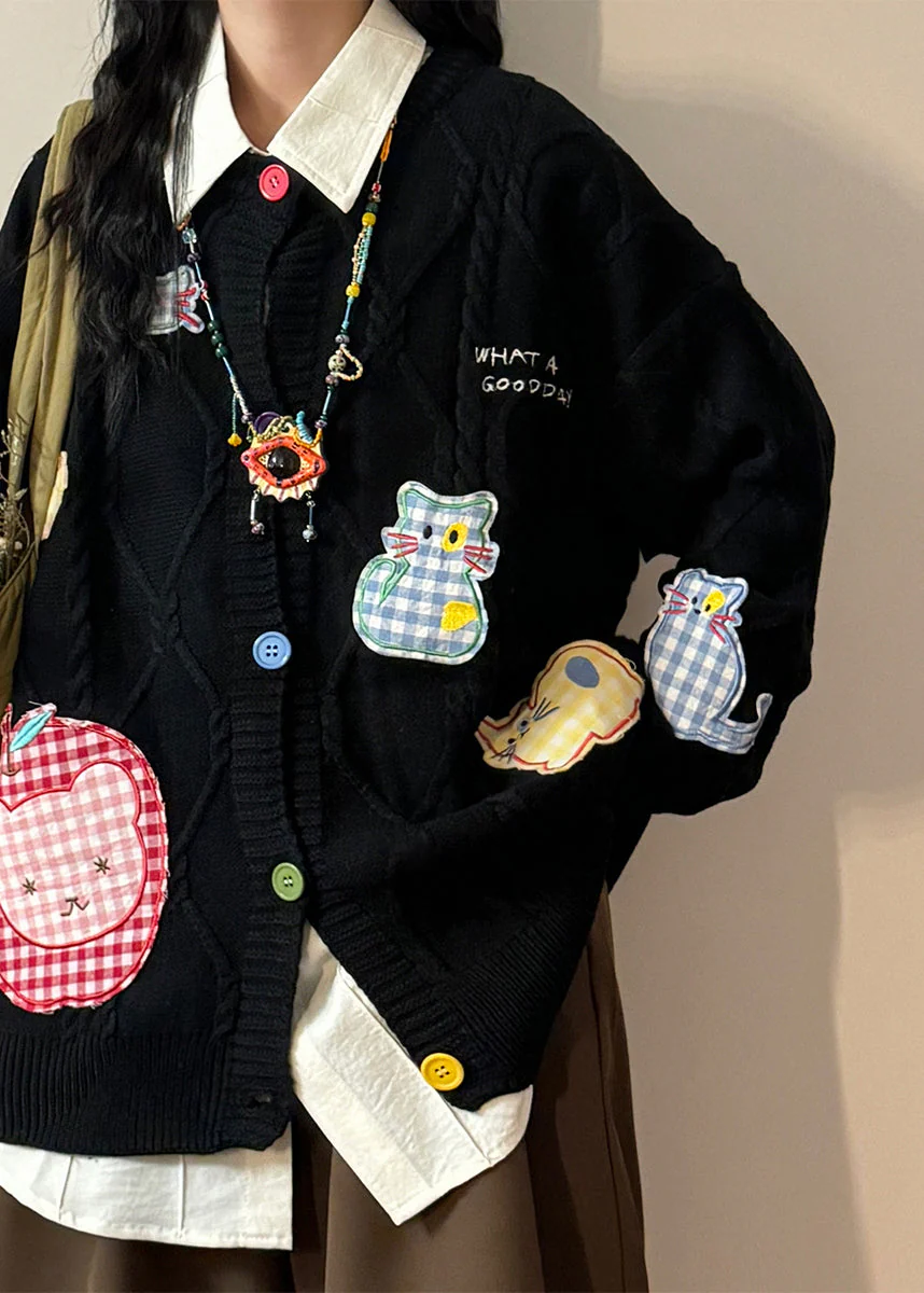 Black Button Applique Plaid Knit Coats O Neck Spring - Image 4