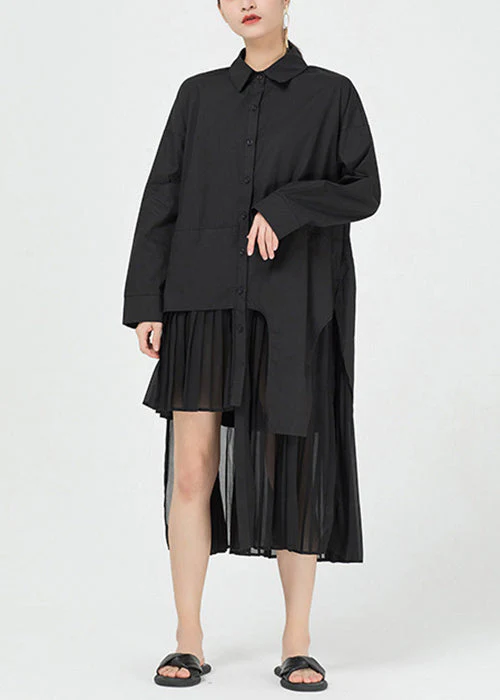 Black Button Cotton Blouses Dress Peter Pan Collar Long Sleeve - Image 2