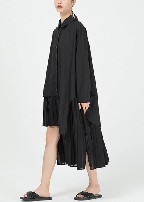 Black Button Cotton Blouses Dress Peter Pan Collar Long Sleeve - Image 3