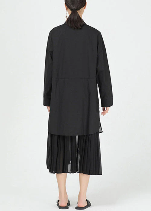 Black Button Cotton Blouses Dress Peter Pan Collar Long Sleeve - Image 4
