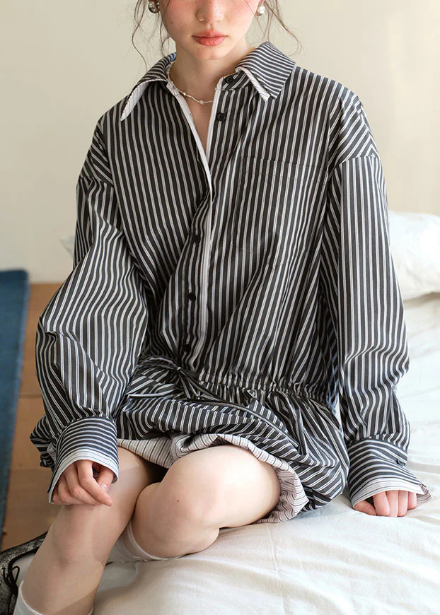 Black Button Lace Up Cotton Fall Shirt Dresses Peter Pan Collar - Image 2