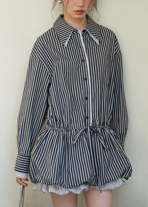 Black Button Lace Up Cotton Fall Shirt Dresses Peter Pan Collar - Image 3
