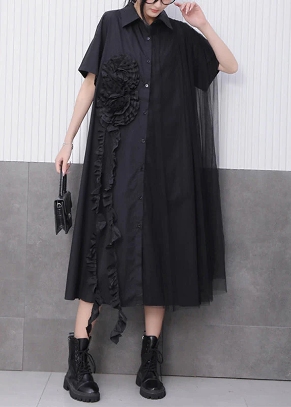 Black Button Long Dress Peter Pan Collar Summer - Image 2
