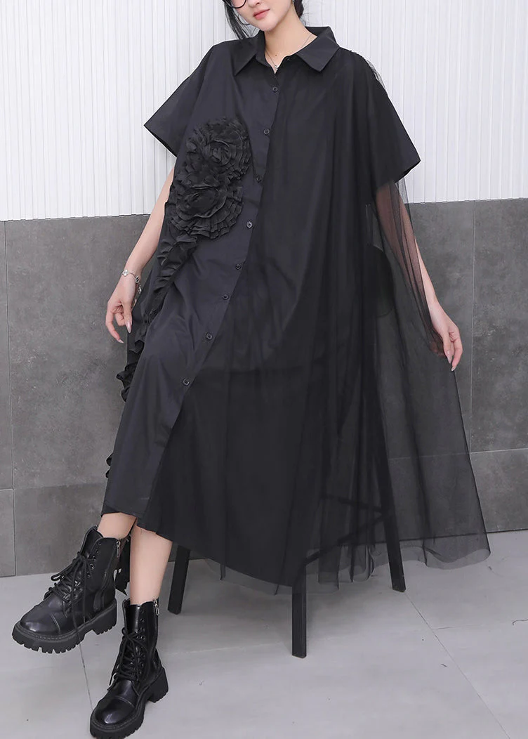 Black Button Long Dress Peter Pan Collar Summer - Image 3