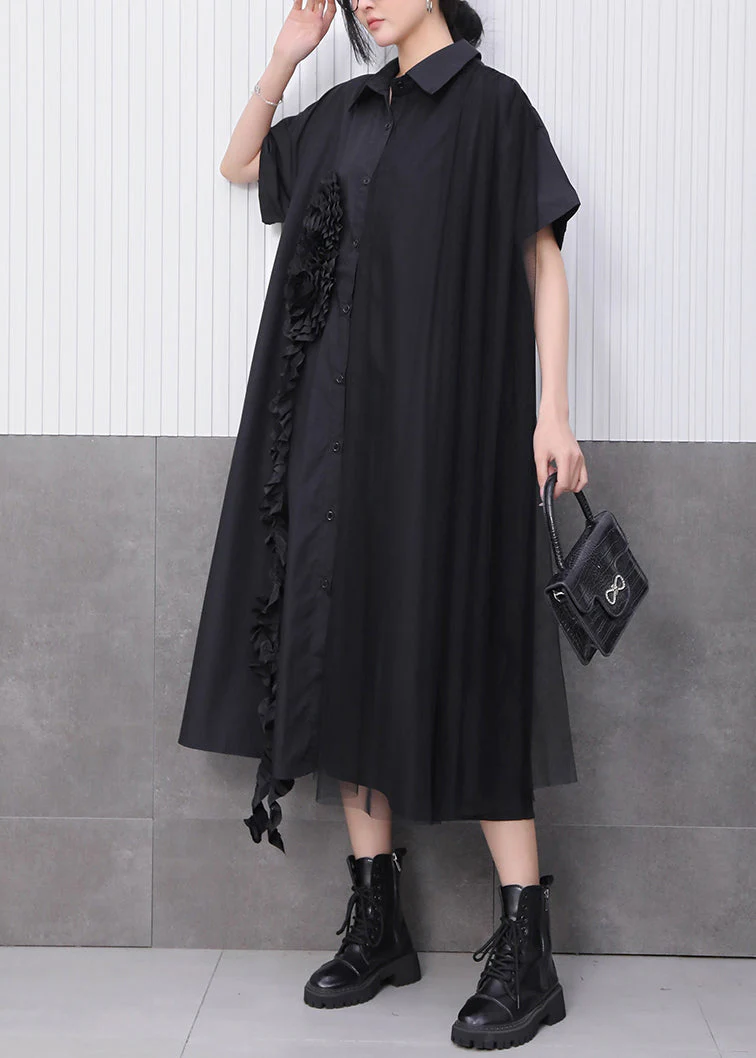 Black Button Long Dress Peter Pan Collar Summer - Image 4