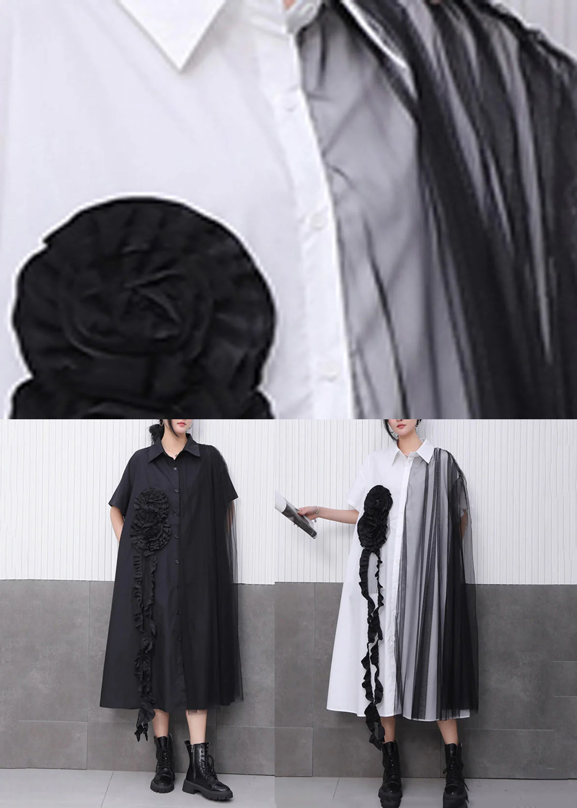 Black Button Long Dress Peter Pan Collar Summer - Image 5