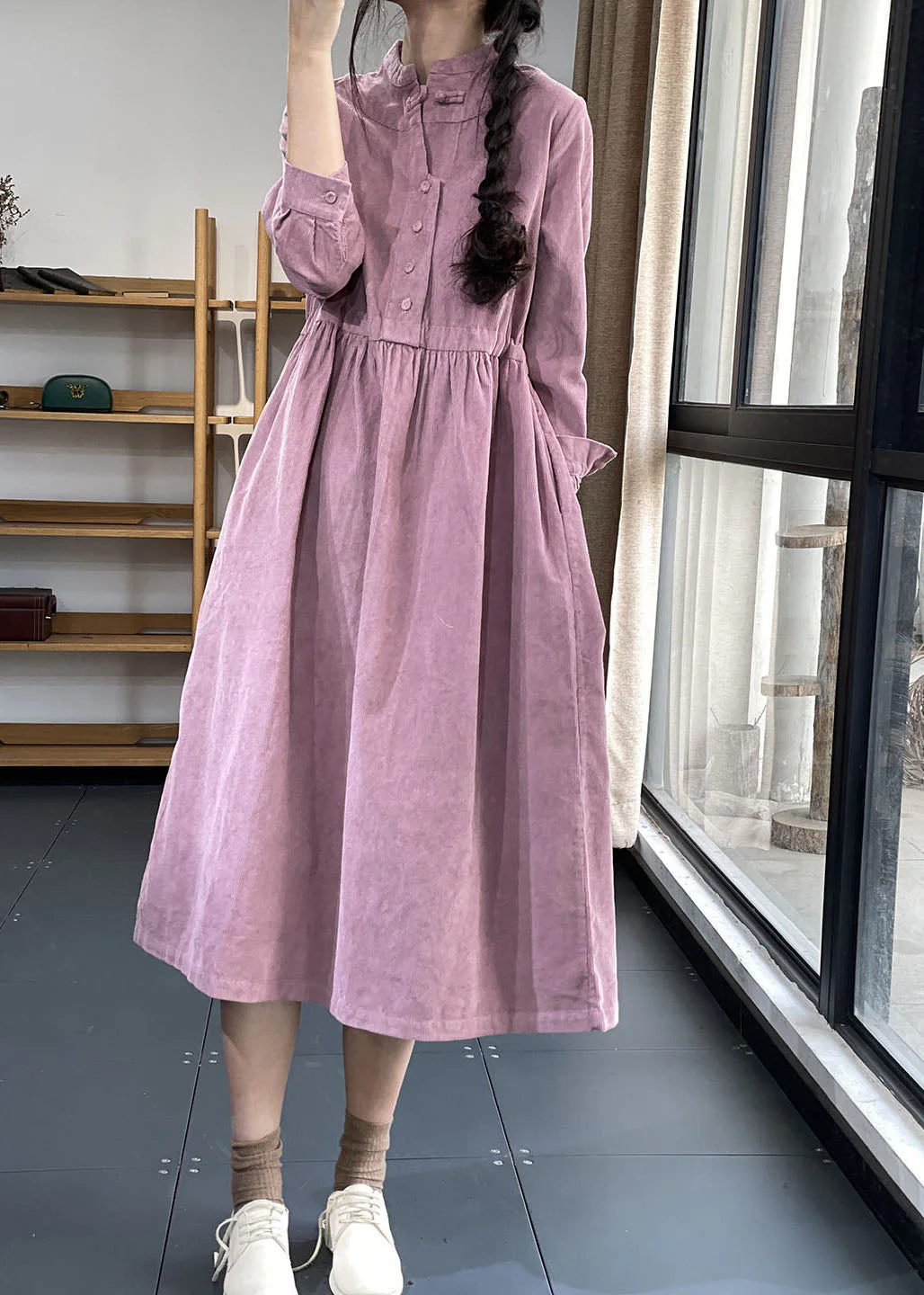 Black Button Pockets Corduroy Dresses Winter - Image 2
