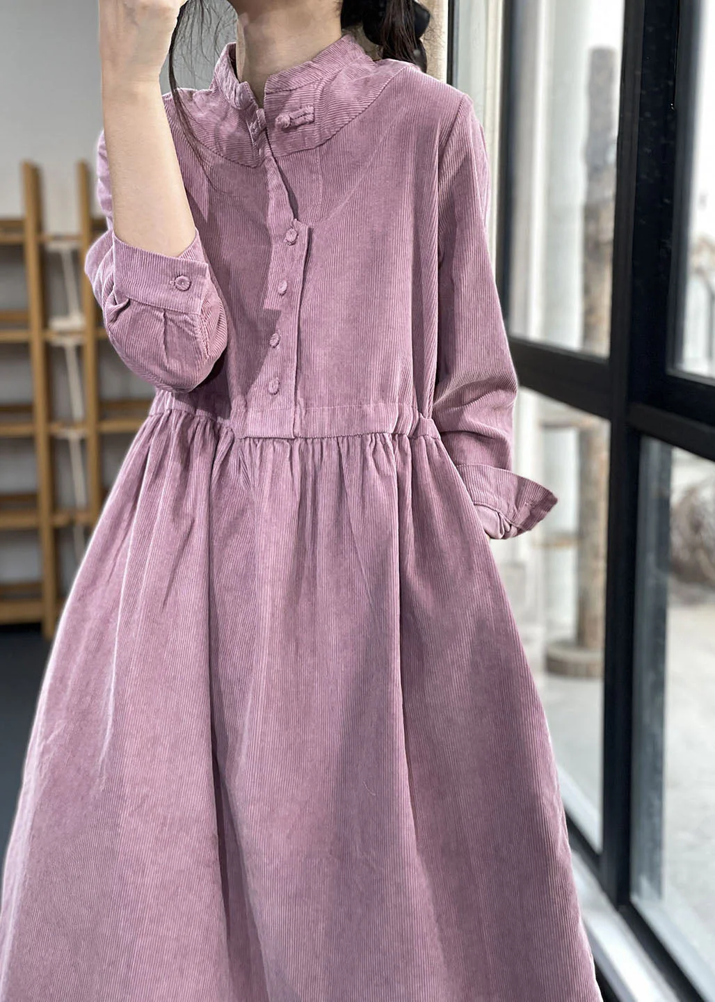 Black Button Pockets Corduroy Dresses Winter - Image 4