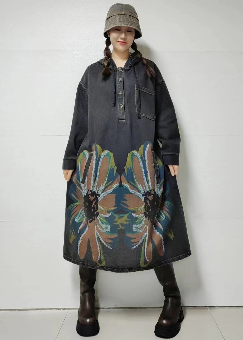 Black Button Pockets Denim Dress Hooded Fall - Image 2