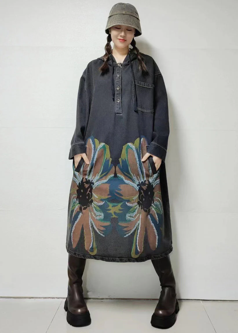 Black Button Pockets Denim Dress Hooded Fall - Image 3
