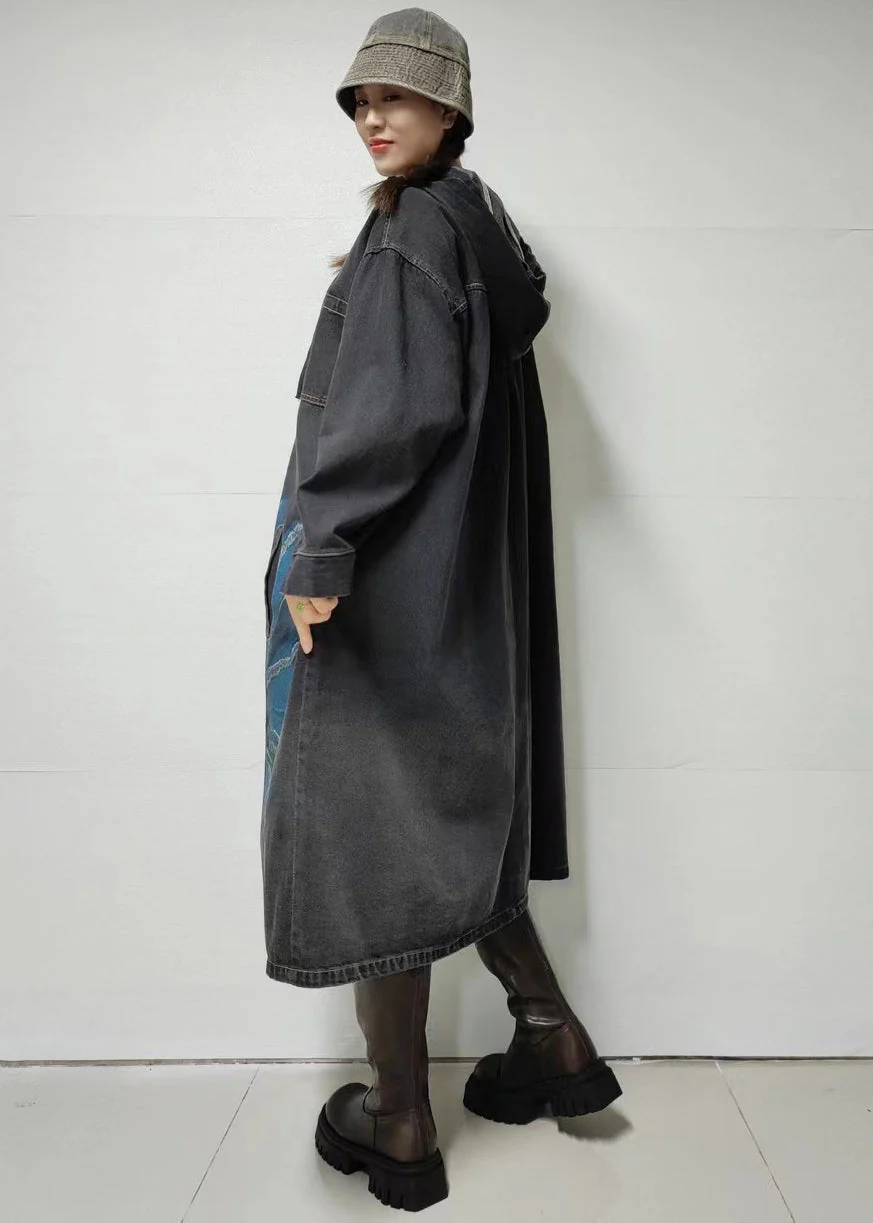 Black Button Pockets Denim Dress Hooded Fall - Image 4