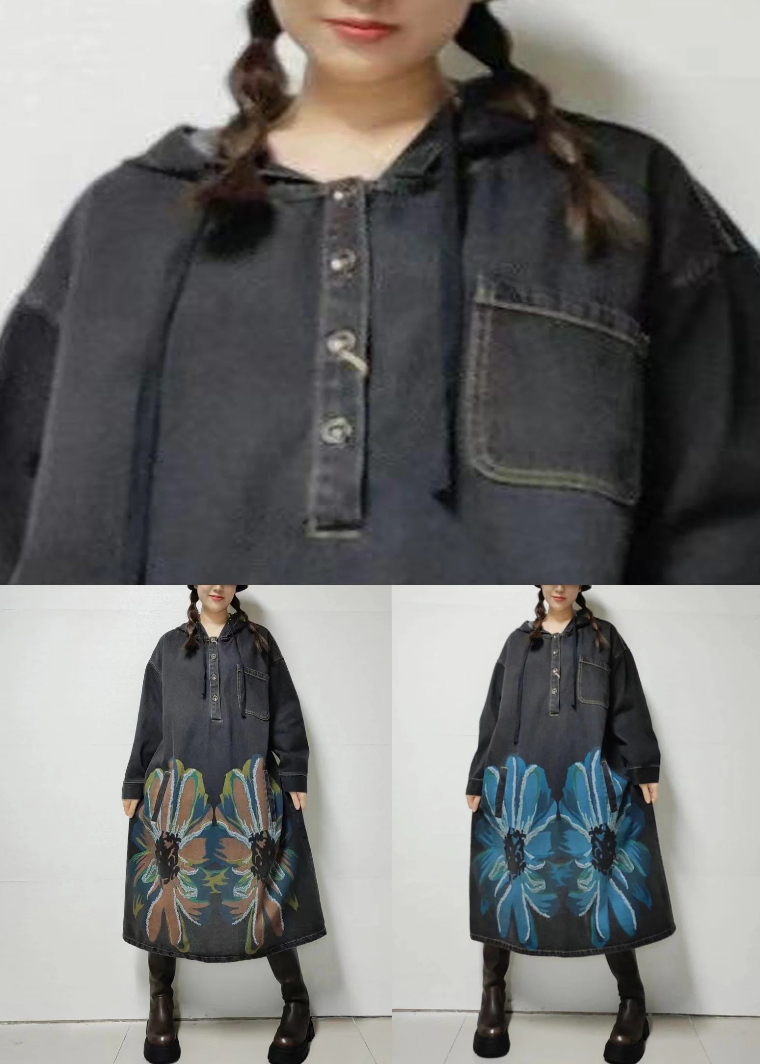 Black Button Pockets Denim Dress Hooded Fall - Image 5