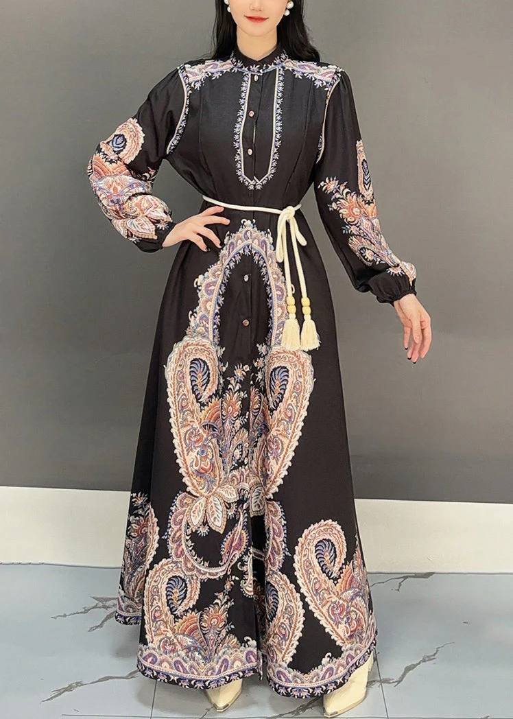 Black Button Print Cotton Fall Blouses Dresses Stand Collar - Image 2
