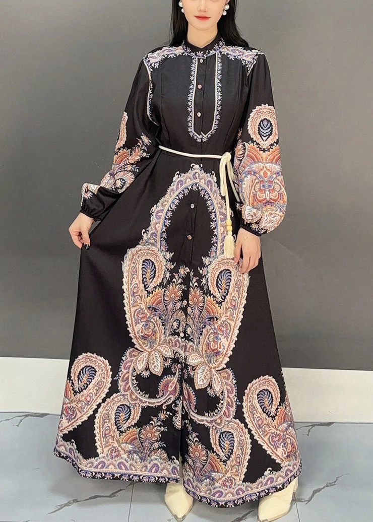 Black Button Print Cotton Fall Blouses Dresses Stand Collar - Image 3