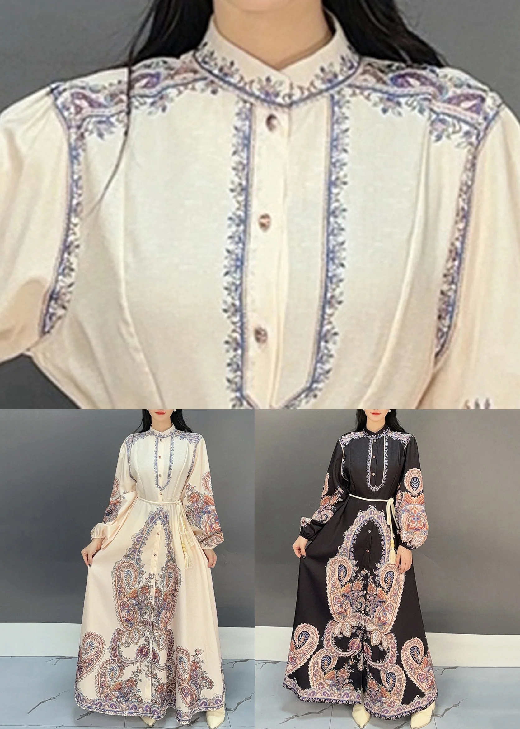 Black Button Print Cotton Fall Blouses Dresses Stand Collar - Image 5