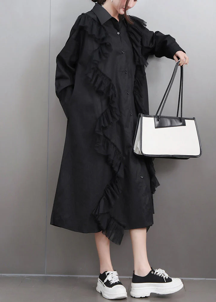 Black Button Tulle Patchwork Fall Shirt Dress Peter Pan Collar - Image 2