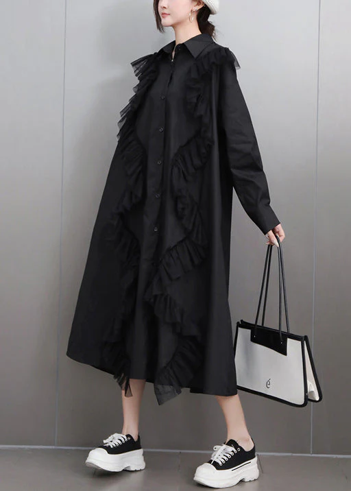 Black Button Tulle Patchwork Fall Shirt Dress Peter Pan Collar - Image 3