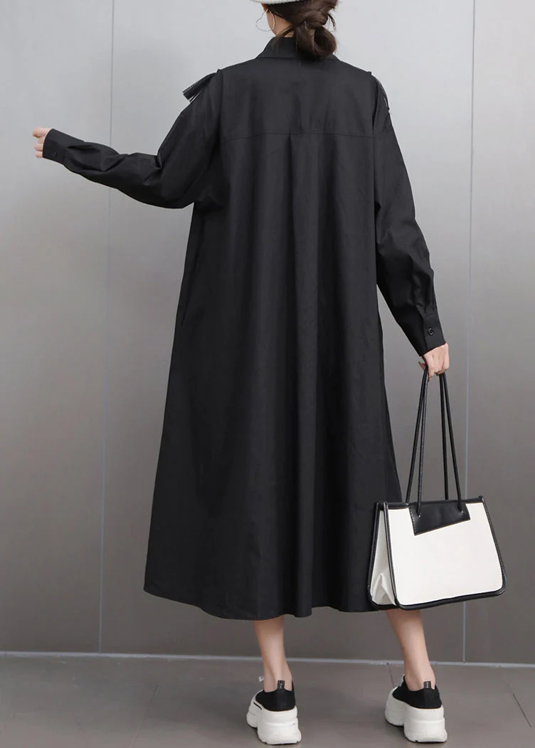 Black Button Tulle Patchwork Fall Shirt Dress Peter Pan Collar - Image 4