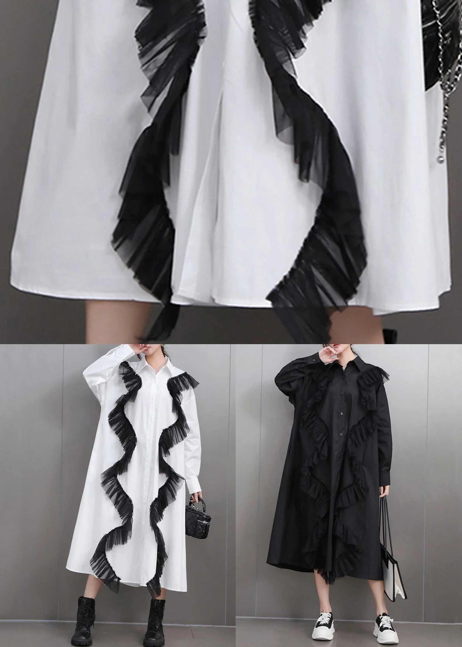 Black Button Tulle Patchwork Fall Shirt Dress Peter Pan Collar - Image 5