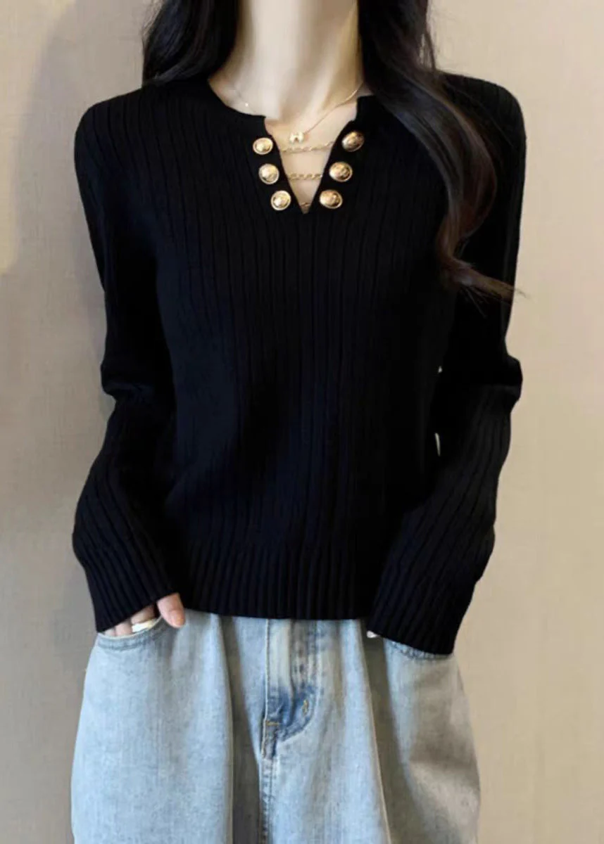 Black Chain Patchwork Cotton Knit Sweater Long Sleeve - Image 2