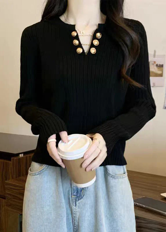 Black Chain Patchwork Cotton Knit Sweater Long Sleeve - Image 3