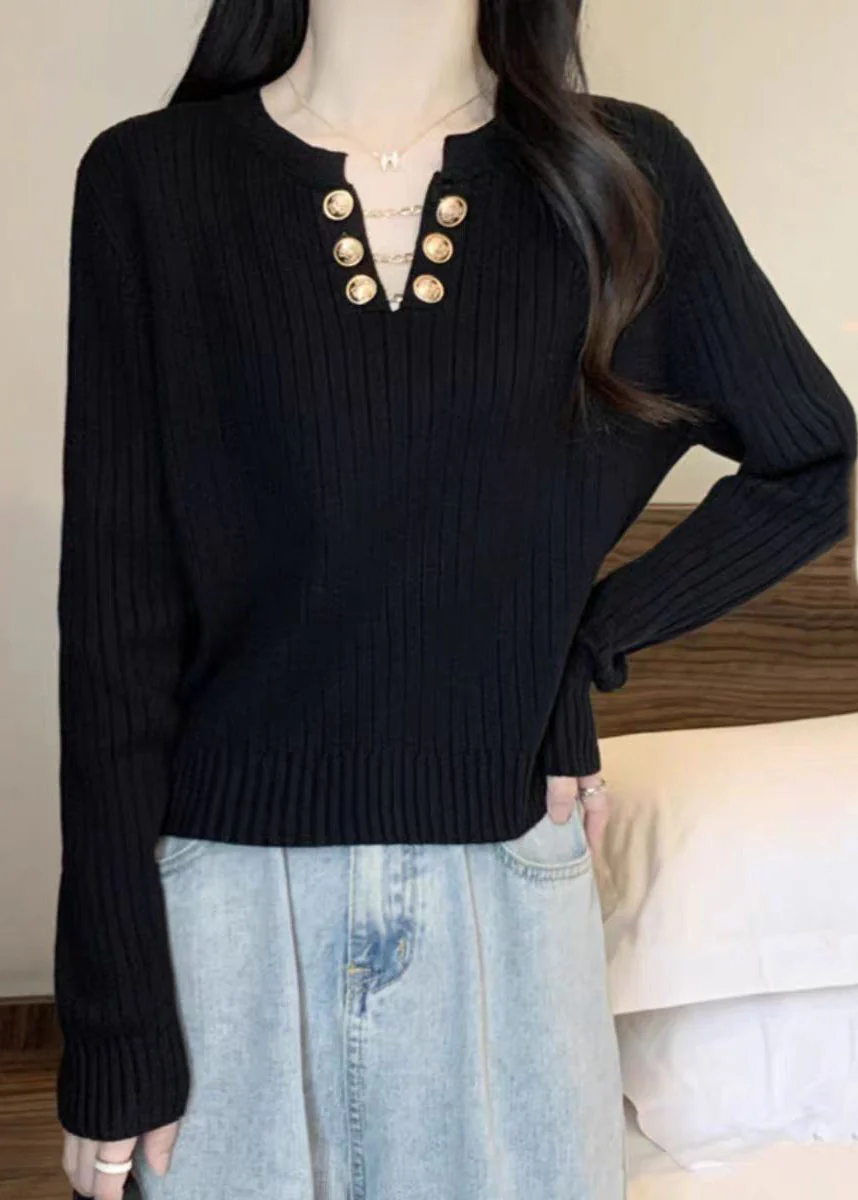 Black Chain Patchwork Cotton Knit Sweater Long Sleeve - Image 4