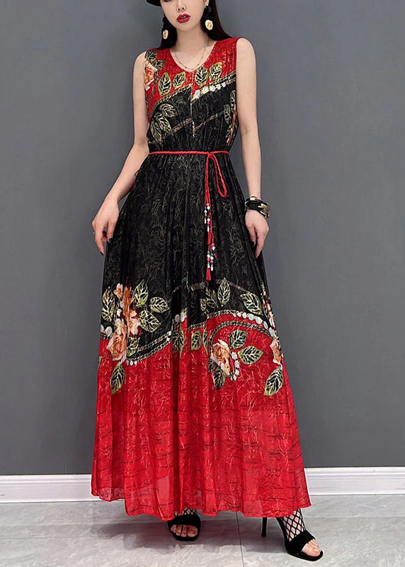 Black Chiffon holiday A Line Dress Tie Waist Sleeveless - Image 2