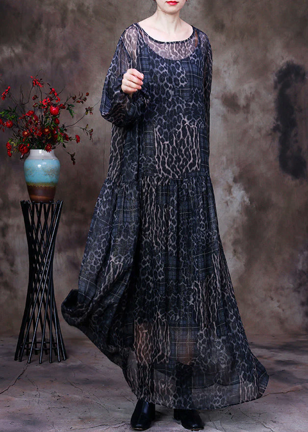 Black Chocolate O-Neck Print Maxi Dress And Suspenders Two Pieces Set Fall - Image 2