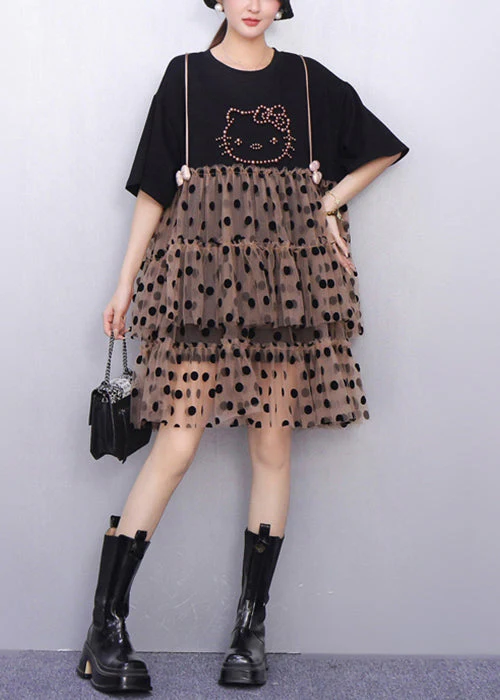Black Cool Hello Kitty Polka Tulle Patchwork Summer Mid Dress Ruffled
