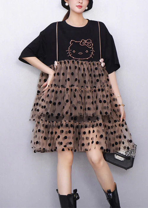 Black Cool Hello Kitty Polka Tulle Patchwork Summer Mid Dress Ruffled - Image 2