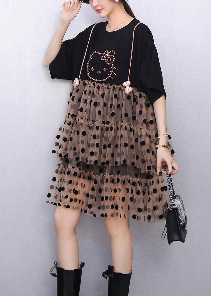 Black Cool Hello Kitty Polka Tulle Patchwork Summer Mid Dress Ruffled - Image 3