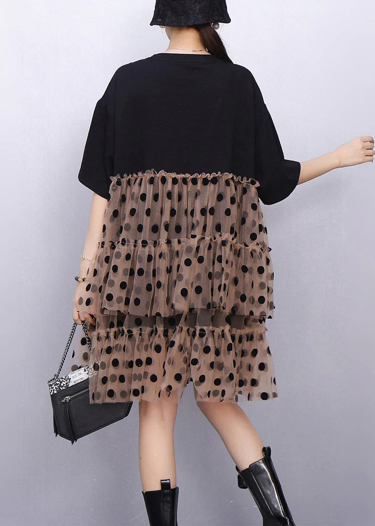Black Cool Hello Kitty Polka Tulle Patchwork Summer Mid Dress Ruffled - Image 4