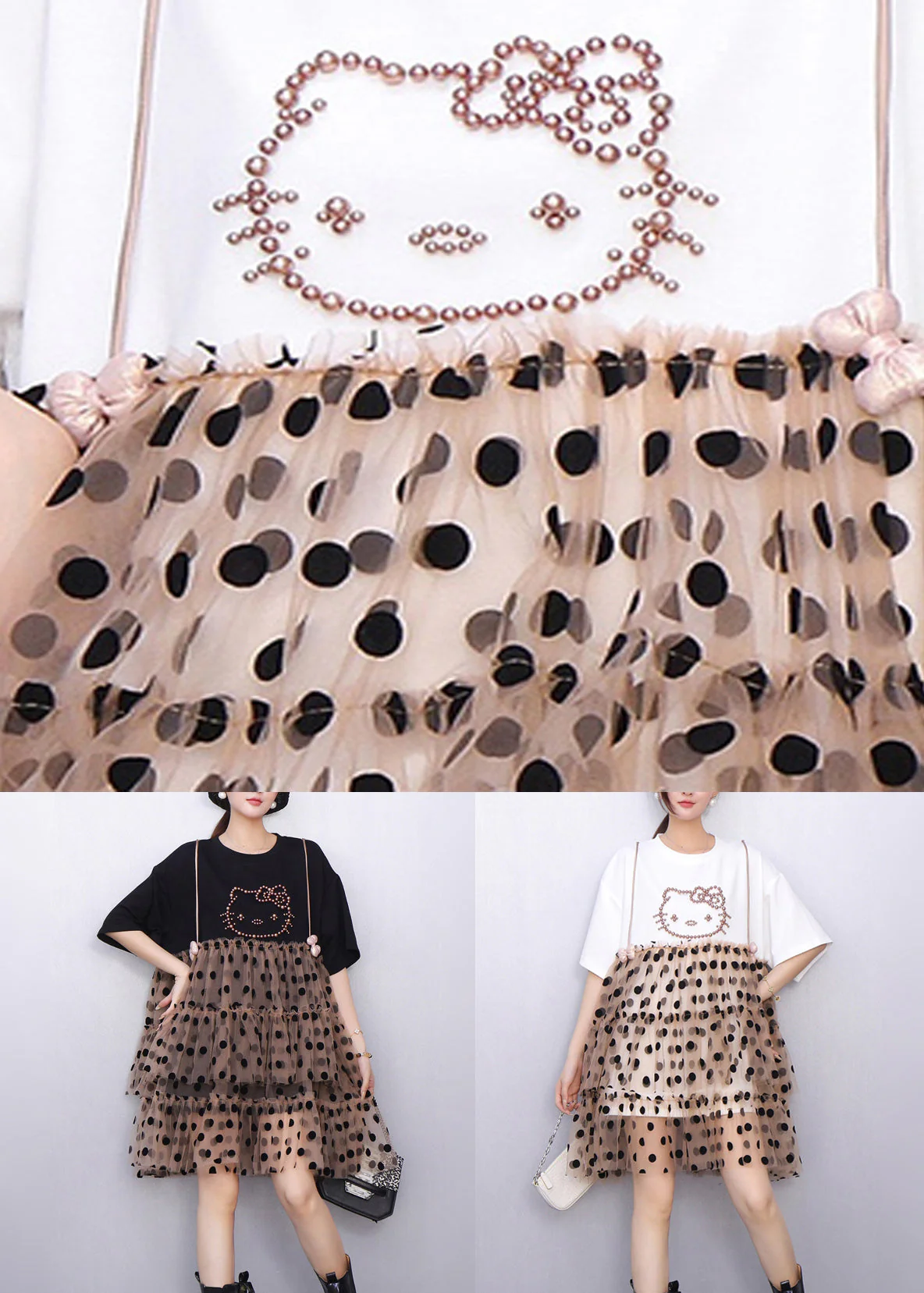 Black Cool Hello Kitty Polka Tulle Patchwork Summer Mid Dress Ruffled - Image 5