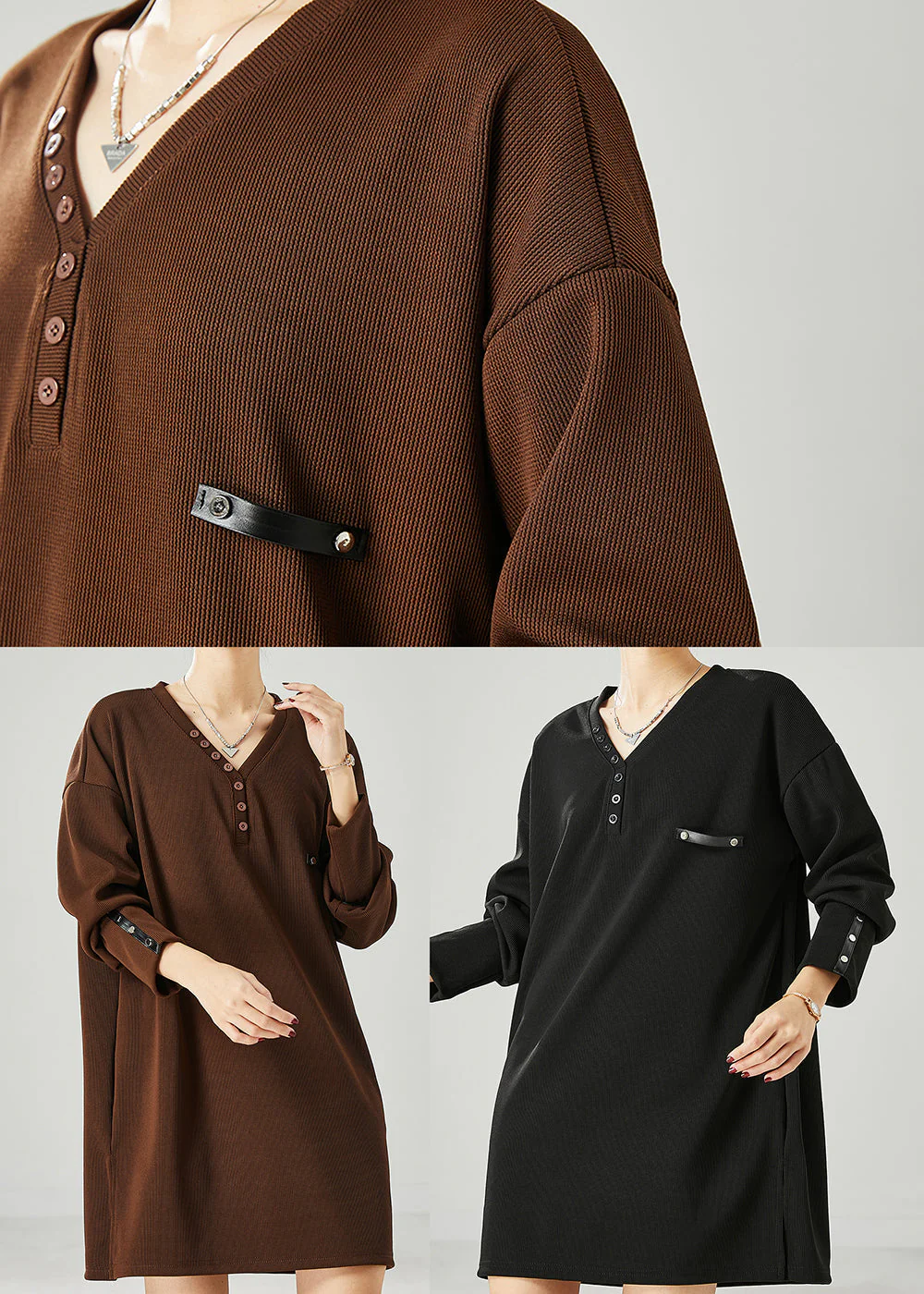Black Cotton Loose Sweatshirt Dress V Neck Button Spring - Image 5