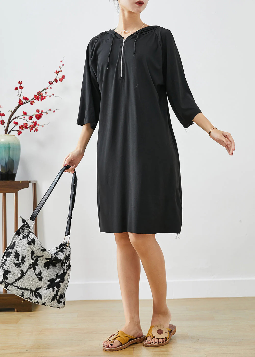 Black Cotton Loose Sweatshirts Dress Oversized Zippered Summer - Image 3