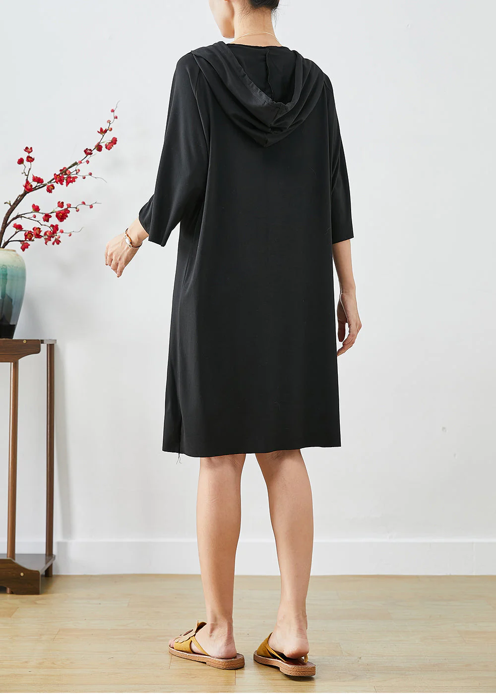 Black Cotton Loose Sweatshirts Dress Oversized Zippered Summer - Image 4