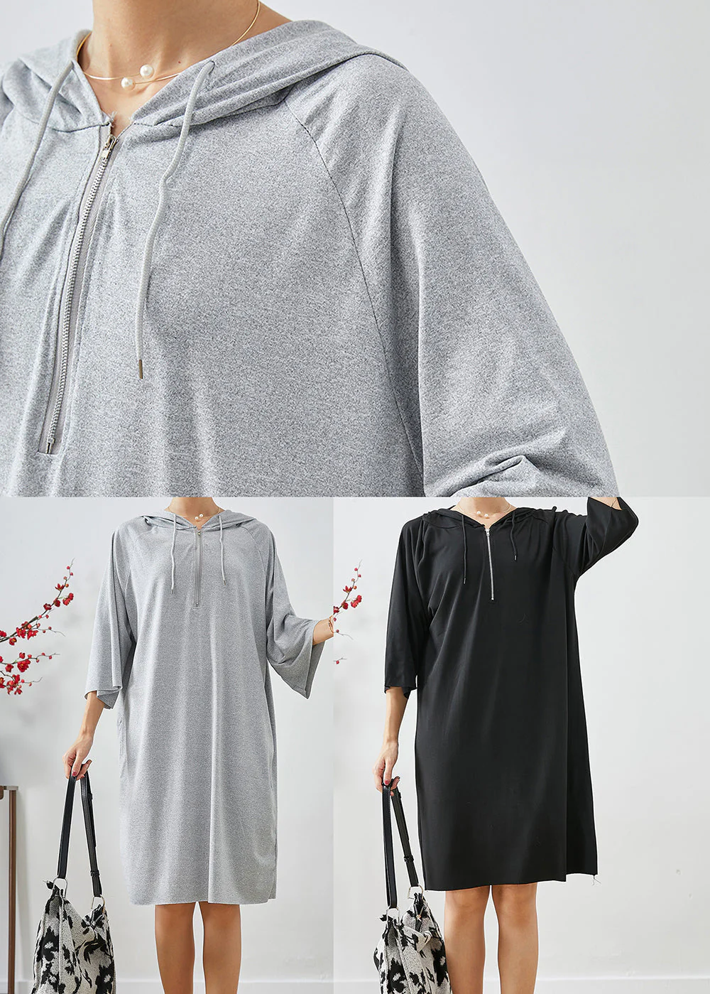Black Cotton Loose Sweatshirts Dress Oversized Zippered Summer - Image 5