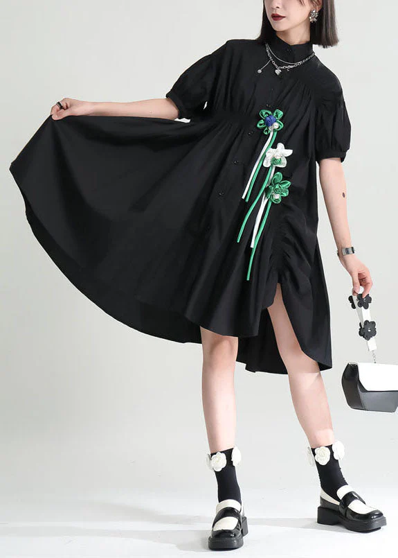 Black Cotton Mid Dress Exra Large Hem Cinched Applique Short Sleeve - Image 2