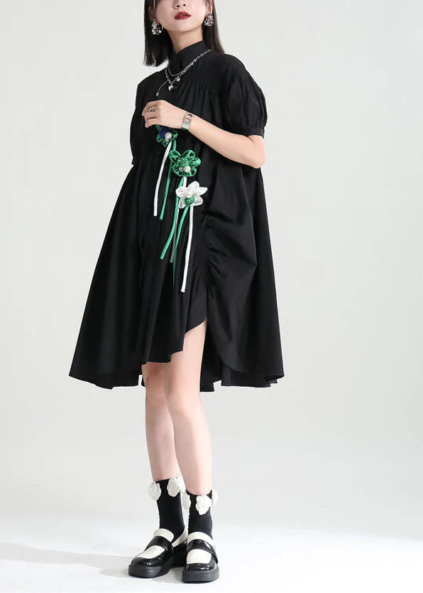 Black Cotton Mid Dress Exra Large Hem Cinched Applique Short Sleeve - Image 3