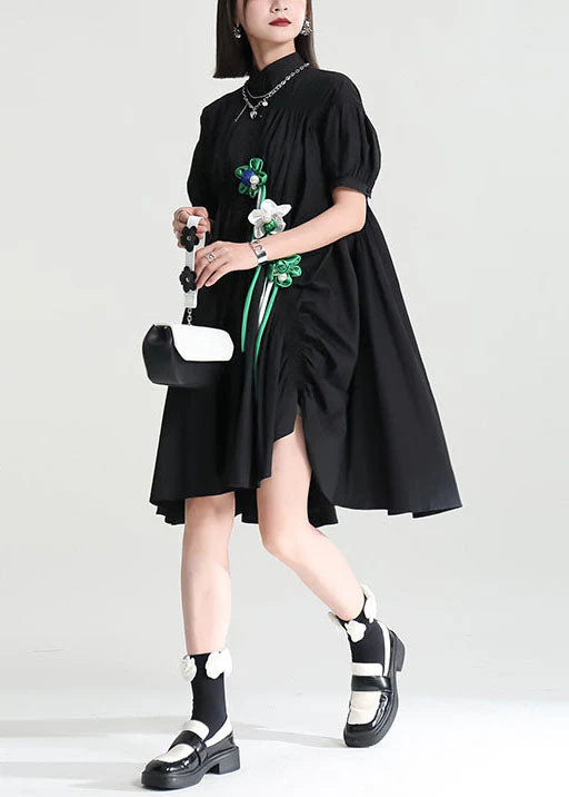 Black Cotton Mid Dress Exra Large Hem Cinched Applique Short Sleeve - Image 4