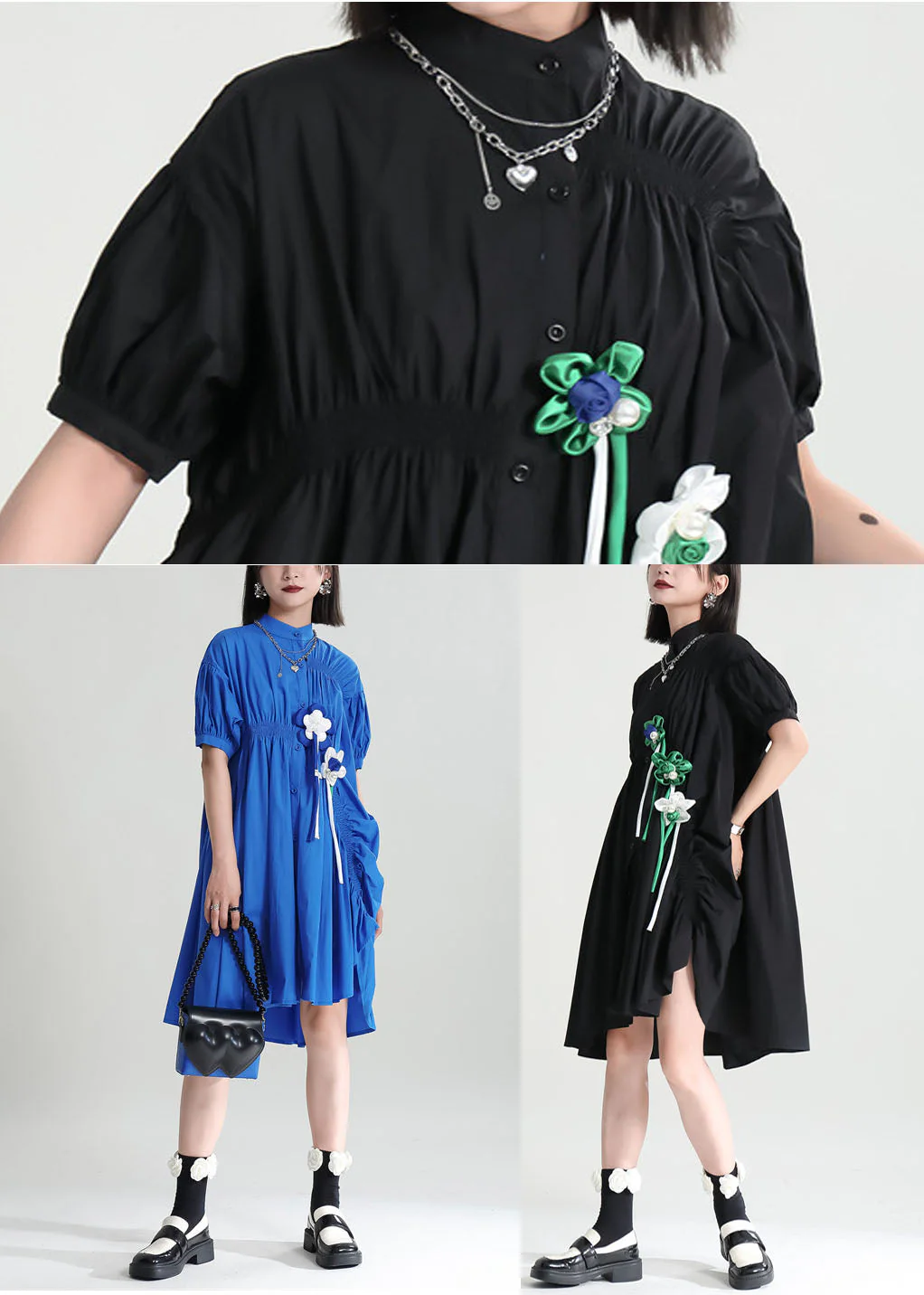 Black Cotton Mid Dress Exra Large Hem Cinched Applique Short Sleeve - Image 5