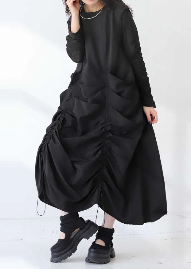 Black Cotton Robe Dresses Drawstring Wrinkled Sleeveless - Image 2