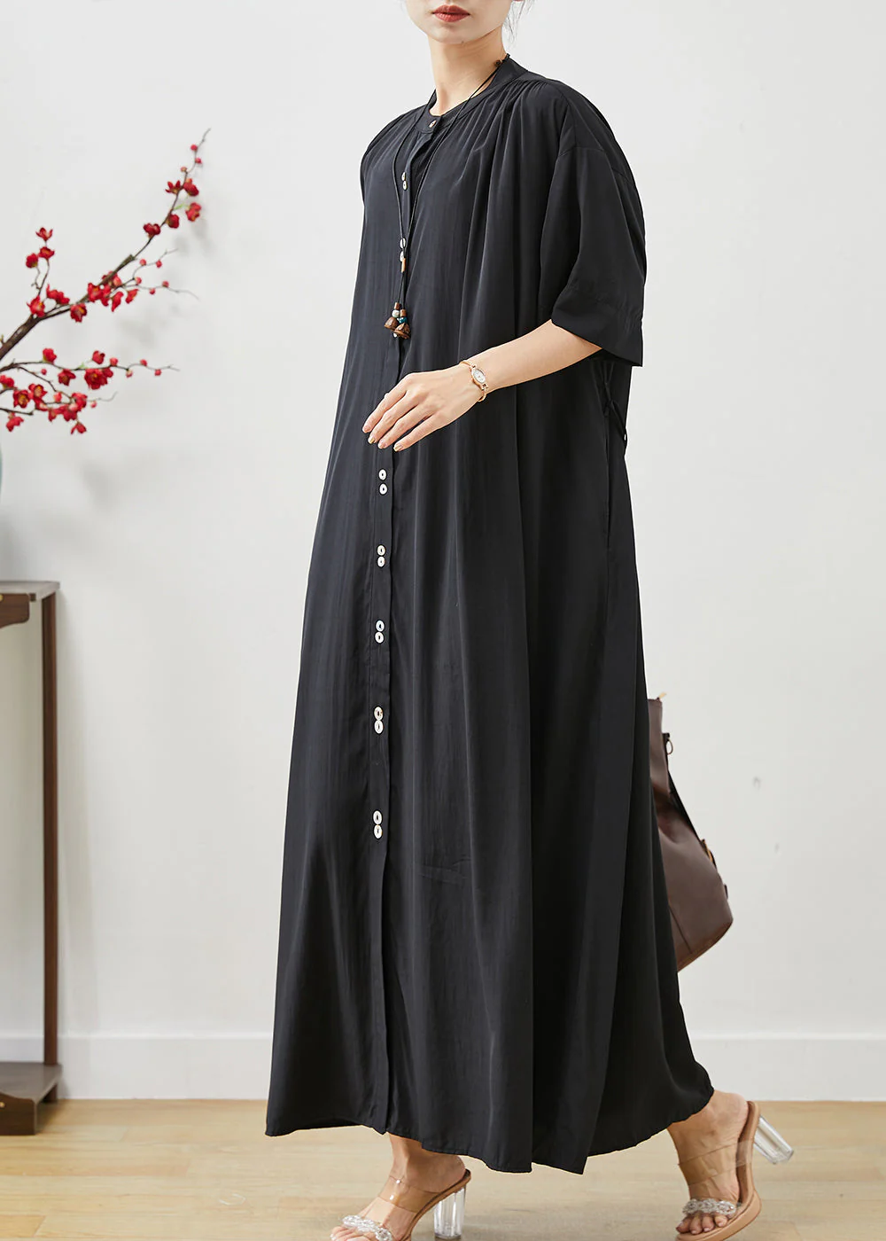 Black Cotton Robe Dresses Stand Collar Oversized Summer - Image 3