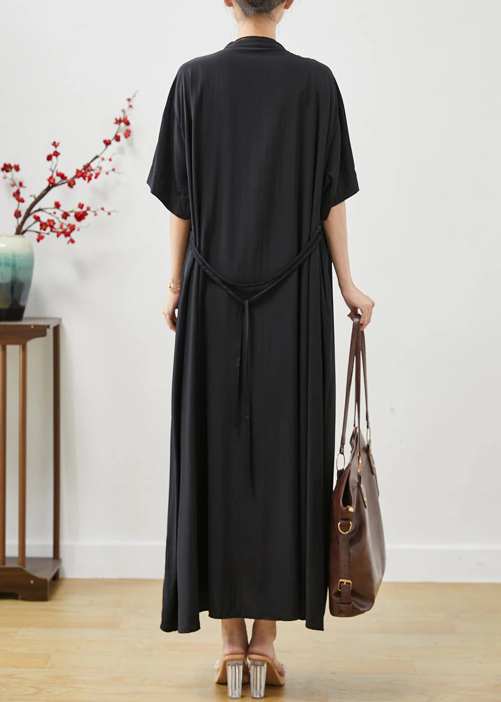 Black Cotton Robe Dresses Stand Collar Oversized Summer - Image 4