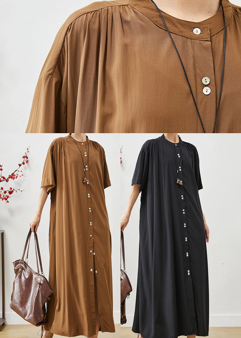 Black Cotton Robe Dresses Stand Collar Oversized Summer - Image 5