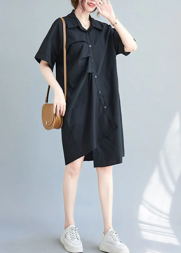 Black Cotton Vacation Dresses Asymmetrical Wrinkled Summer - Image 3