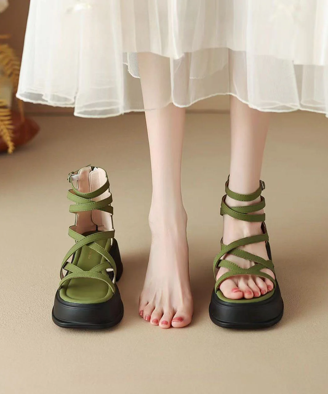 Black Cowhide Leather Splicing Platform Lace Up Sandals Peep Toe - Image 2