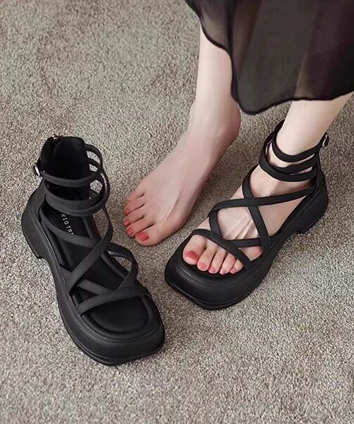 Black Cowhide Leather Splicing Platform Lace Up Sandals Peep Toe - Image 4