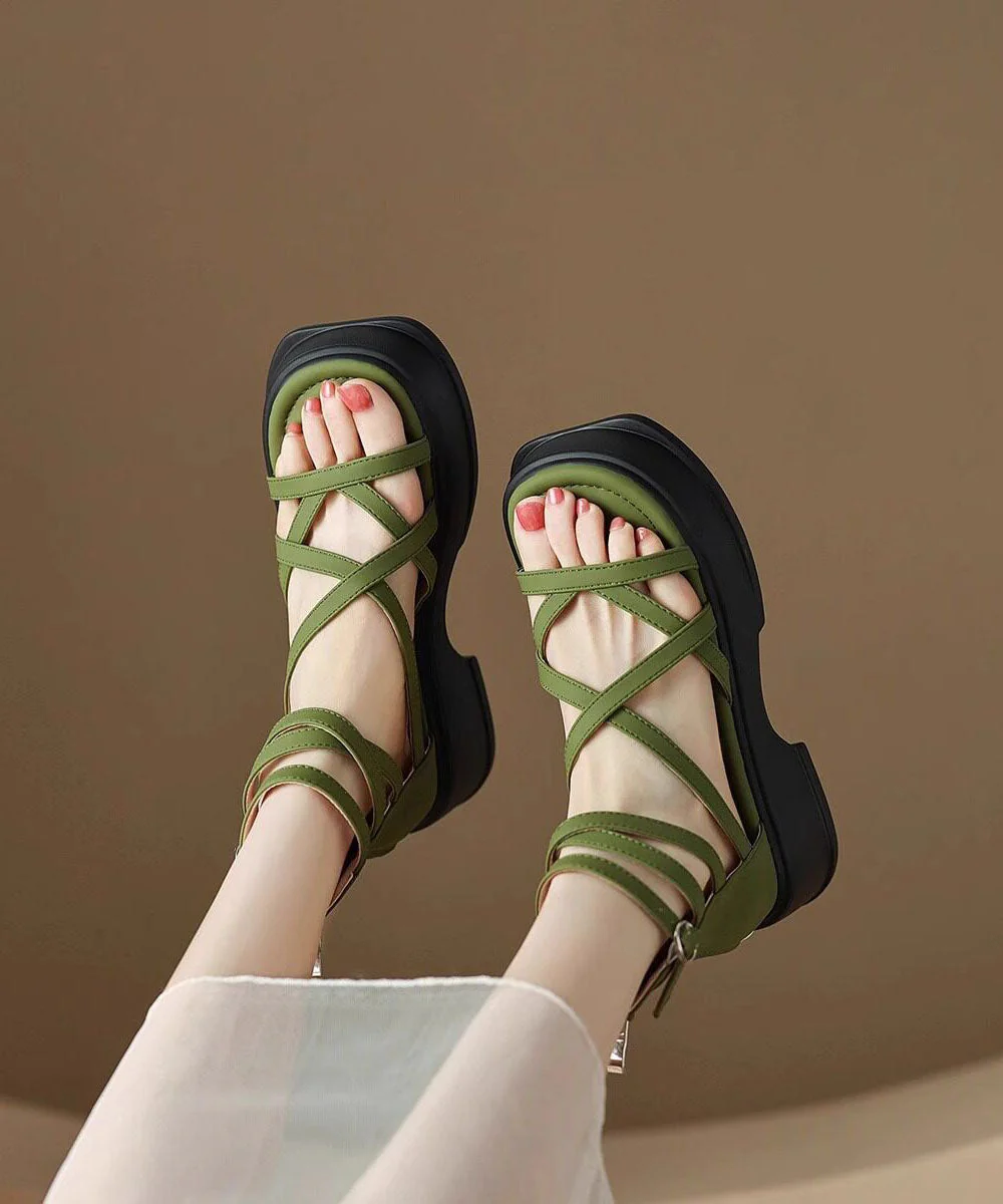 Black Cowhide Leather Splicing Platform Lace Up Sandals Peep Toe - Image 5