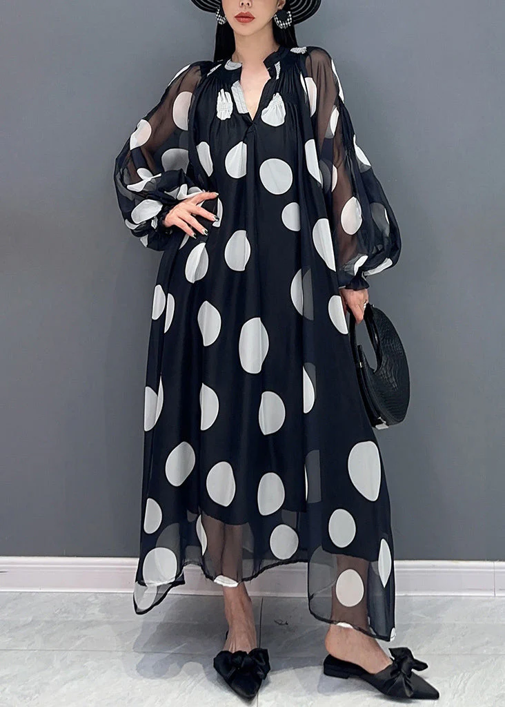 Black Dot Dreamland Tie Waist Chiffon Long Dress Puff Sleeve - Image 2
